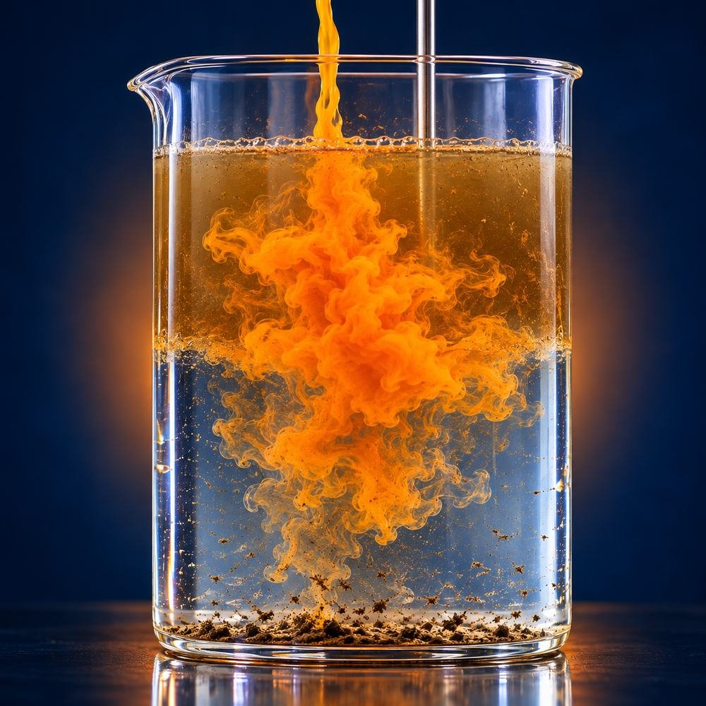 Jar test in a laboratory beaker: amber liquid ferric sulphate coagulant poured into murky water, clearing it as flocs settle — water treatment chemistry by Kranti Chemicals