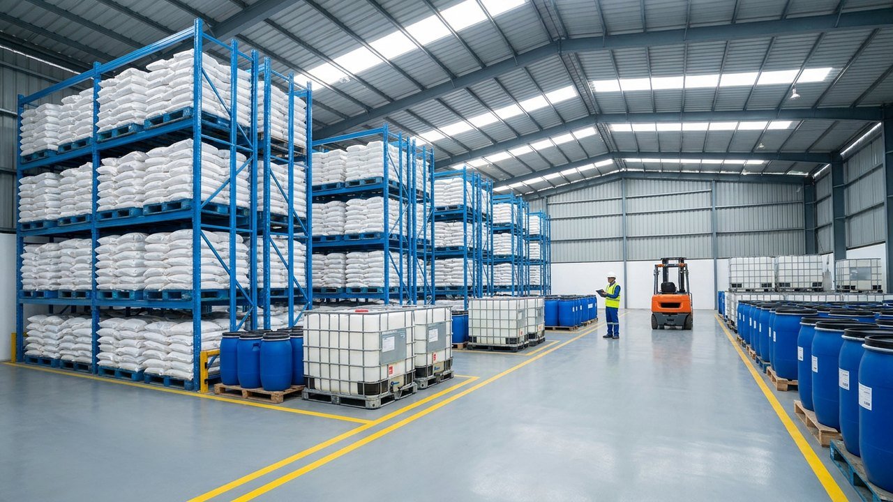 Chemical warehouse with racks of bagged product, HDPE drums and IBC totes